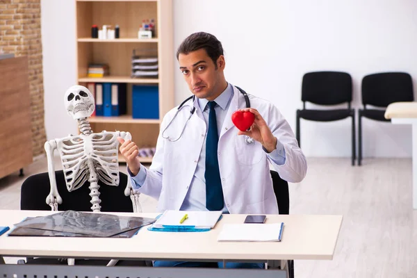 Joven médico cardiólogo y paciente esqueleto en las clínicas — Foto de Stock