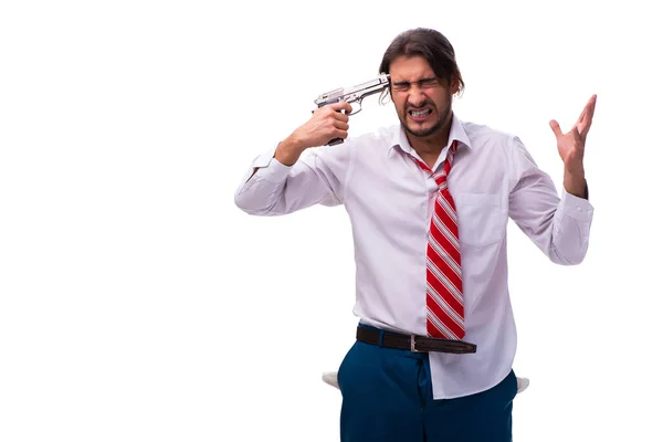 Desemparelhado jovem empregado segurando pistola — Fotografia de Stock