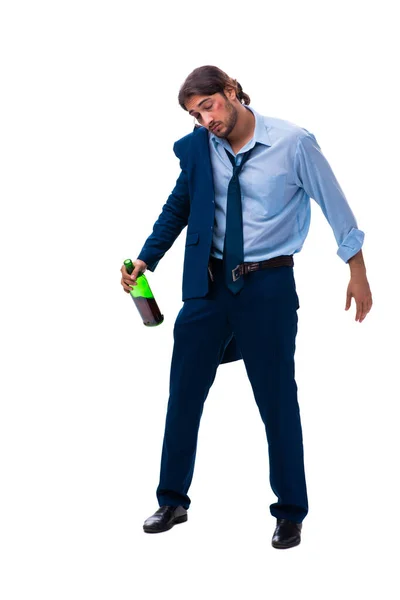 Jovem funcionário masculino alcoólico isolado em branco — Fotografia de Stock