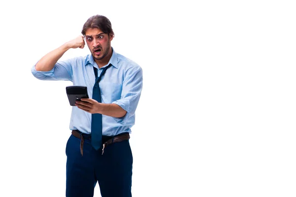 Joven contable masculino con calculadora aislada en blanco — Foto de Stock