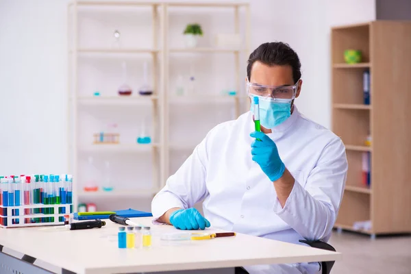 Jonge mannelijke chemicus werkzaam in het lab — Stockfoto