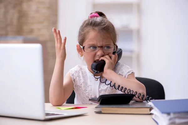 Grappig klein meisje accountant werken in het kantoor — Stockfoto
