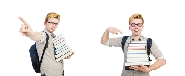 Студент с книгами на белом — стоковое фото