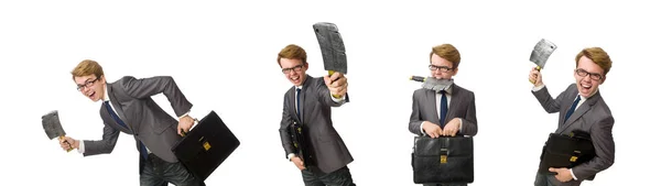 Young businessman with weapon isolated on white — Stock Photo, Image