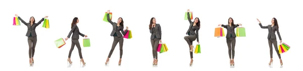 Donna attraente con borse della spesa isolato su bianco — Foto Stock