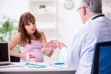 Genç hamile kadın yaşlı erkek jinekoloğu ziyaret ediyor.