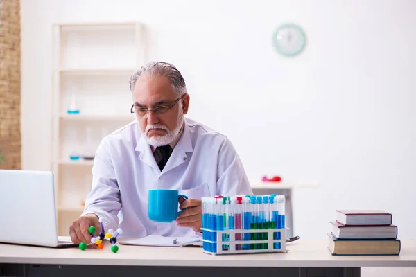 Velho cientista do sexo masculino que estuda modelo molecular — Fotografia de Stock