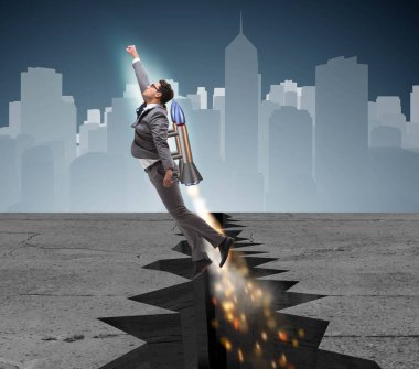 İş adamı roketle kaya boşluğundan uçuyor