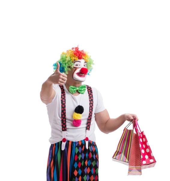 有趣的小丑与购物袋隔离的白色背景 — 图库照片