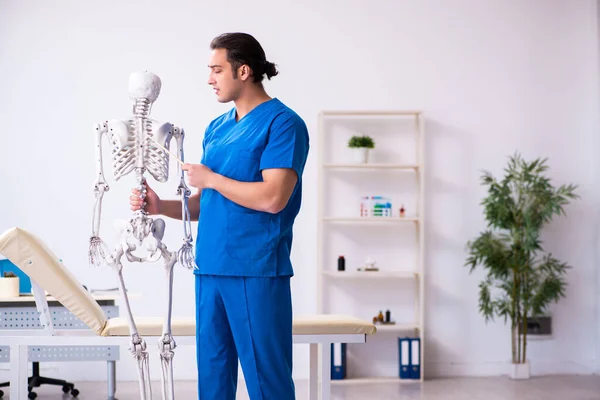 Giovane medico di sesso maschile docente dimostrando scheletro — Foto Stock