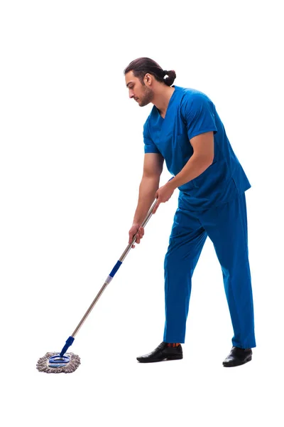 Young male assistant with mop isolated on white — Stock Photo, Image