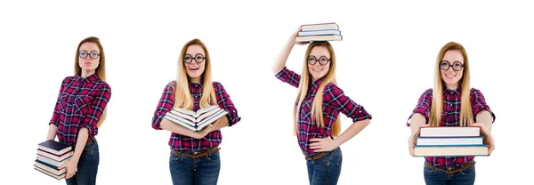 Lustiger Student mit Bücherstapel — Stockfoto