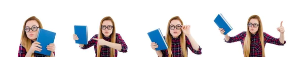 Étudiant drôle avec pile de livres — Photo