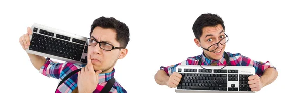 Computer nerd with keyboard isolated on white — Stock Photo, Image