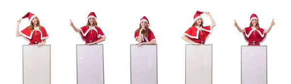 Jeune femme en costume de Père Noël rouge avec tableau blanc — Photo