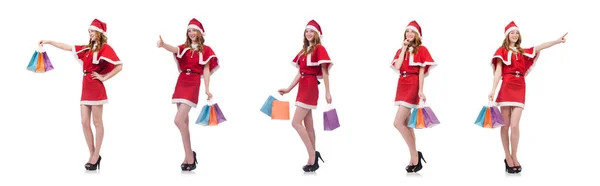 Giovane donna in costume da Babbo Natale rosso su bianco — Foto Stock