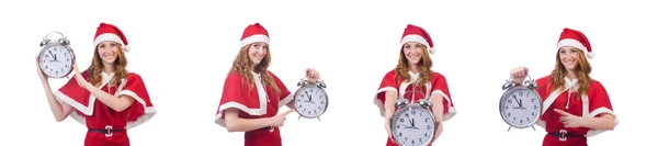 Snow girl with clock on white — Stock Photo, Image