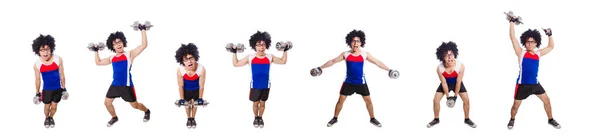 Funny man exercising with dumbbells — Stock Photo, Image