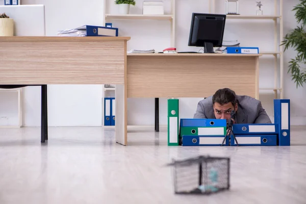 Young male employee and mousetrap in the office — Stock Photo, Image