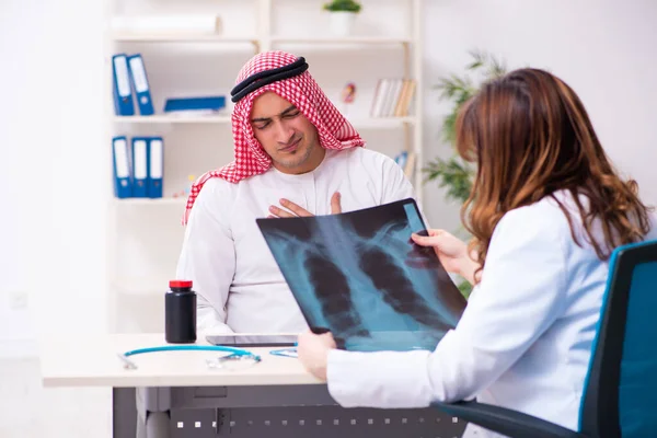 Giovane arabo uomo d'affari in visita medico femminile caucasico — Foto Stock