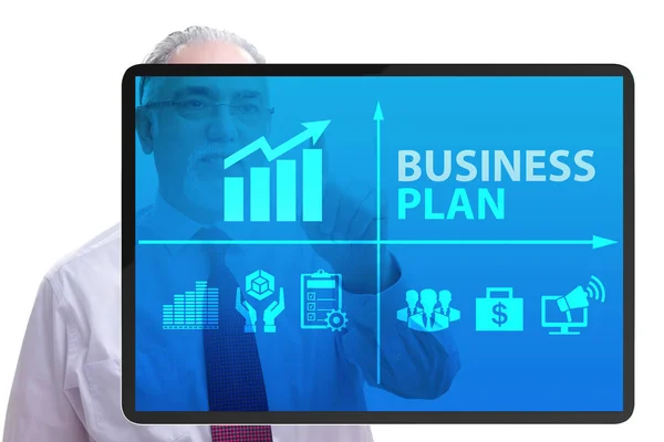 Businessplan-Konzept mit Geschäftsmann auf Knopfdruck — Stockfoto