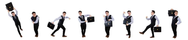 Lustiger Geschäftsmann mit Aktentasche auf weißem Grund — Stockfoto