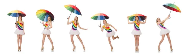 Frau mit buntem Regenschirm auf weißem Grund — Stockfoto