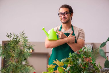 Evin içinde bitkileri olan genç bir erkek bahçıvan.