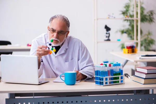 Vecchio scienziato maschio che studia modello molecolare — Foto Stock