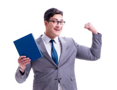 Beyaz arka planda izole edilmiş bir kitap okuyan işadamı öğrencisi