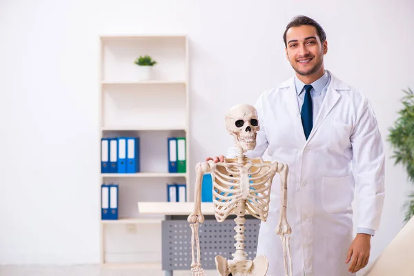 Jovem médico masculino com esqueleto — Fotografia de Stock