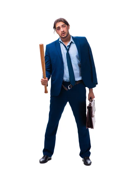 Young male employee holding baseball bat isolated on white — Stock Photo, Image