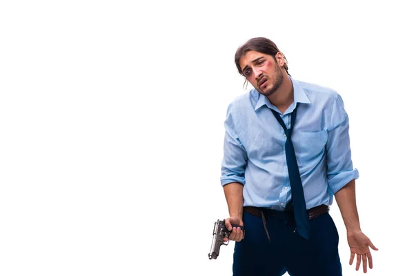 Desemparelhado jovem empregado segurando pistola — Fotografia de Stock
