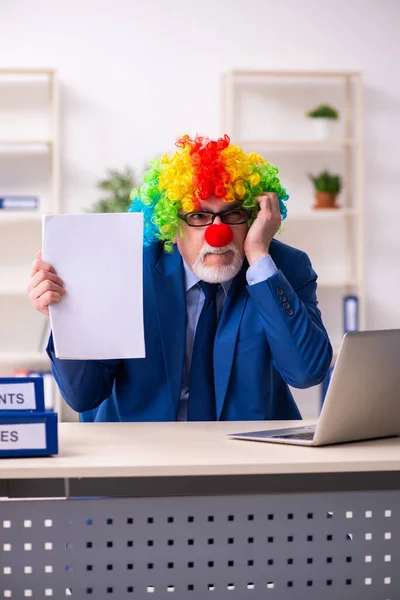 Gamle affärsman clown arbetar på kontoret — Stockfoto