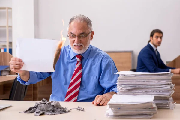 Jonge mannelijke werknemer en oude baas verbranden papieren op de werkplek — Stockfoto