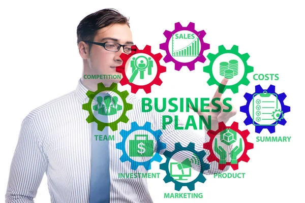 Business plan concept met zakenman druk op de knop — Stockfoto