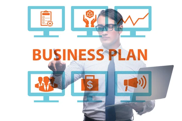 Concepto de plan de negocio con el hombre de negocios pulsando botón — Foto de Stock