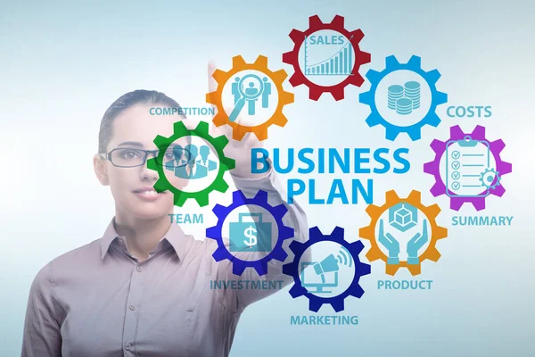Business plan concept met zakenvrouw druk op de knop — Stockfoto