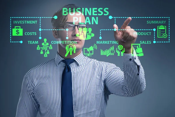 Business plan concept met zakenman druk op de knop — Stockfoto