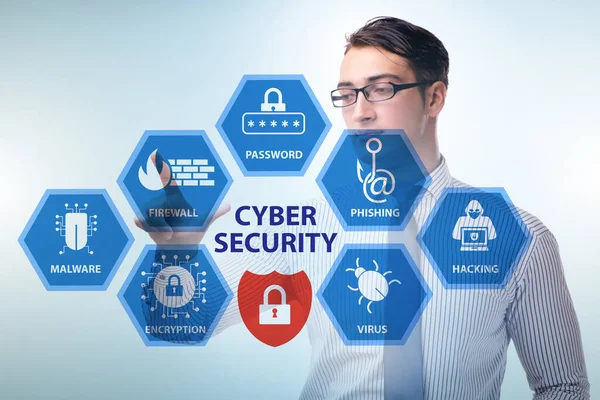 Cybersecurity koncept med forretningsmand trykke på knappen - Stock-foto