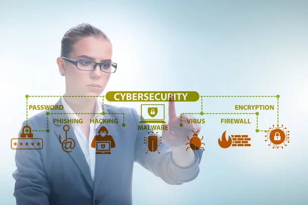 Cybersicherheitskonzept mit Geschäftsfrau auf Knopfdruck — Stockfoto