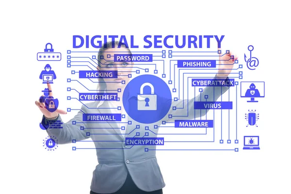Conceito de segurança digital com empresária pressionando botão — Fotografia de Stock
