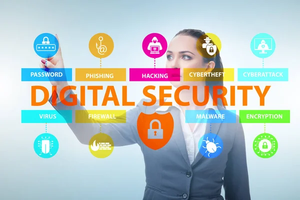 Digitales Sicherheitskonzept mit Unternehmerin auf Knopfdruck — Stockfoto