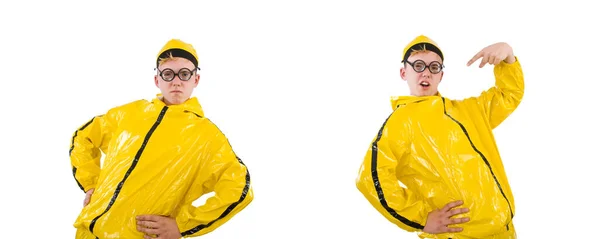 Hombre en traje amarillo aislado en blanco —  Fotos de Stock