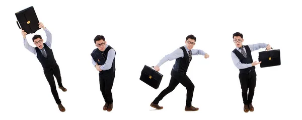 Uomo d'affari divertente con valigetta isolata su bianco — Foto Stock