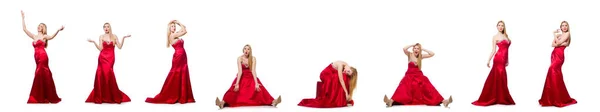 Γυναίκα με όμορφο κόκκινο βραδινό φόρεμα απομονωμένη σε λευκό — Φωτογραφία Αρχείου