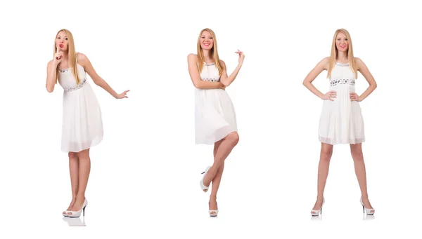 Красива жінка в білій сукні ізольована на білому — стокове фото