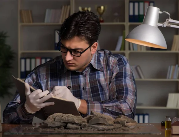 Archéologue travaillant tard dans la nuit au bureau — Photo