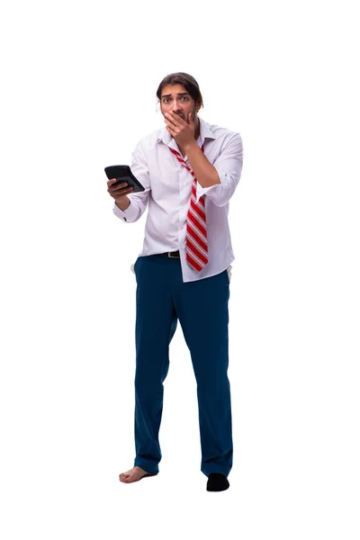 Jovem contador masculino com calculadora isolada em branco — Fotografia de Stock