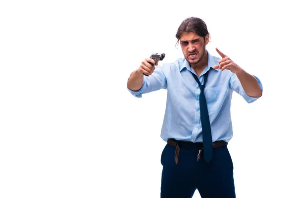 Empleado joven desesperado sosteniendo pistola — Foto de Stock
